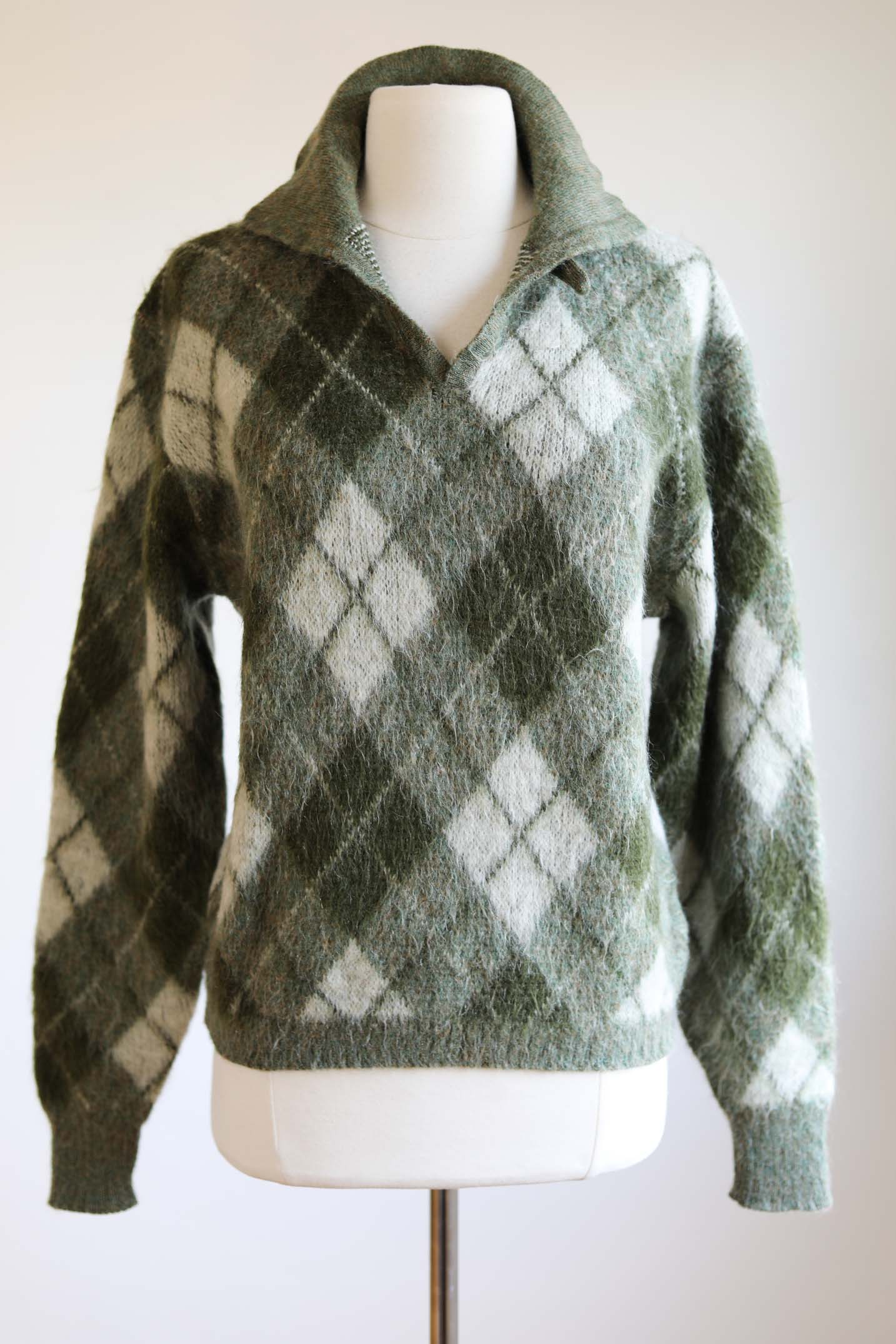 Vintage 1960s Mohair Sweater - GRUNGE! Rare Men's Puritan Shaggy Argyle Moss Green Chin-Strap Pullover Size 42 Medium to XL