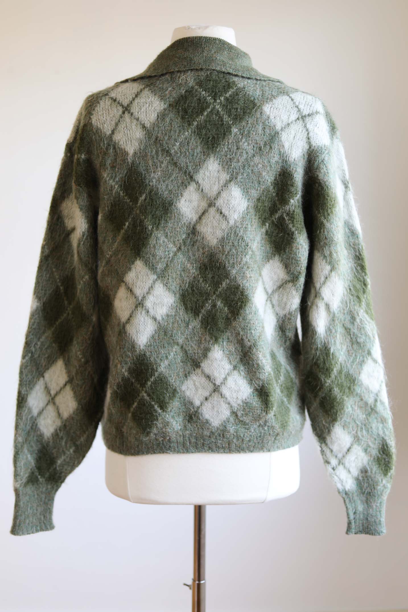 Vintage 1960s Mohair Sweater - GRUNGE! Rare Men's Puritan Shaggy Argyle Moss Green Chin-Strap Pullover Size 42 Medium to XL