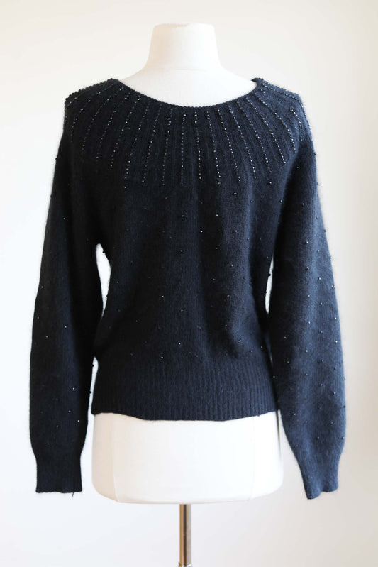 Vintage 1970s to 1980s PRINGLE Angora Sweater - Black Beaded Wasp Waist Pin-Up Pullover Size L to XL