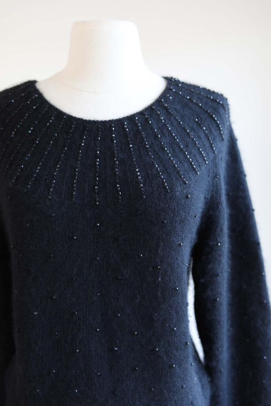 Vintage 1970s to 1980s PRINGLE Angora Sweater - Black Beaded Wasp Waist Pin-Up Pullover Size L to XL