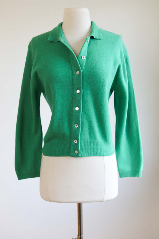 Vintage 1950s Lambswool Angora Sweater - JADEITE GREEN Wasp Waist Cardigan Size XS to Medium