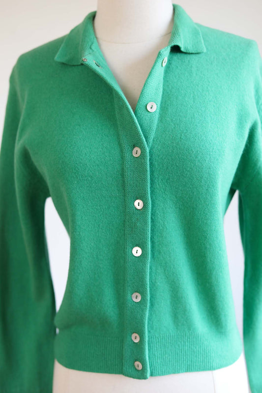 Vintage 1950s Lambswool Angora Sweater - JADEITE GREEN Wasp Waist Cardigan Size XS to Medium