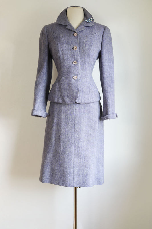 Vintage 1950s Suit - Sculpted Lavender Wool "Mann-Equin" Designer Blazer Jacket + Skirt Size M