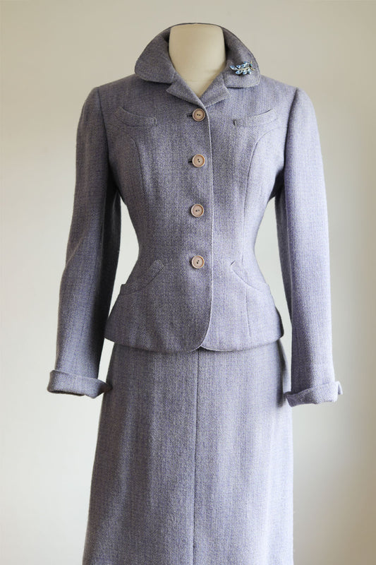 Vintage 1950s Suit - Sculpted Lavender Wool "Mann-Equin" Designer Blazer Jacket + Skirt Size M