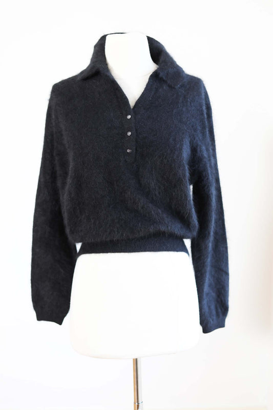 Vintage 1950s ANGORA Sweater - RARE Jet Black Super Fuzzy + Soft Bombshell Pullover Top Size M to XL