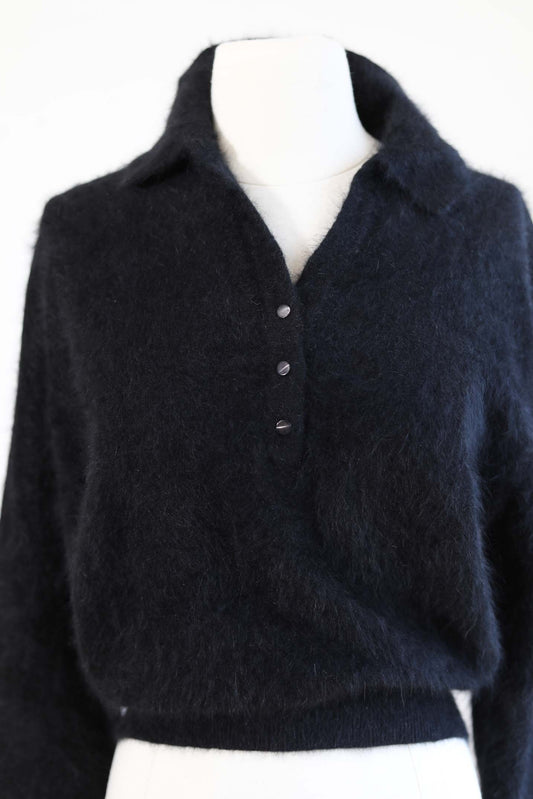 Vintage 1950s ANGORA Sweater - RARE Jet Black Super Fuzzy + Soft Bombshell Pullover Top Size M to XL