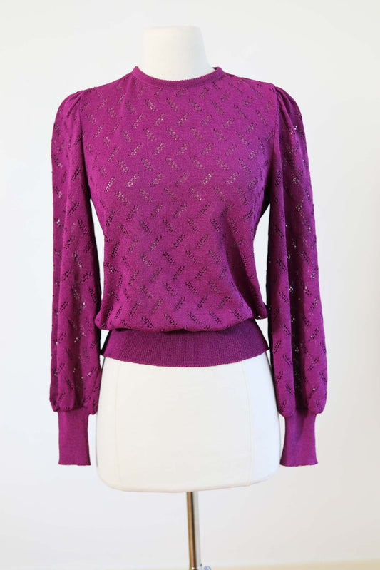 Vintage Early 1980s Castleberry Sweater - SWEET Heliotrope Purple Puff Sleeve Pointelle Knit Top Size XS to M