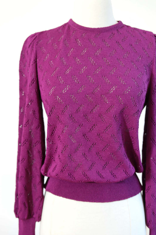 Vintage Early 1980s Castleberry Sweater - SWEET Heliotrope Purple Puff Sleeve Pointelle Knit Top Size XS to M