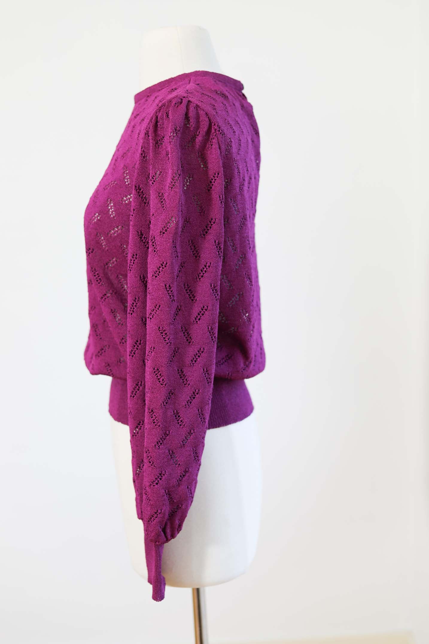 Vintage Early 1980s Castleberry Sweater - SWEET Heliotrope Purple Puff Sleeve Pointelle Knit Top Size XS to M