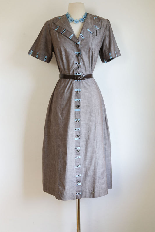 Vintage 1940s Dress - Cocoa Chambray "Better Fit" Coat Dress w Aqua Stripes + Polka Dots Size L