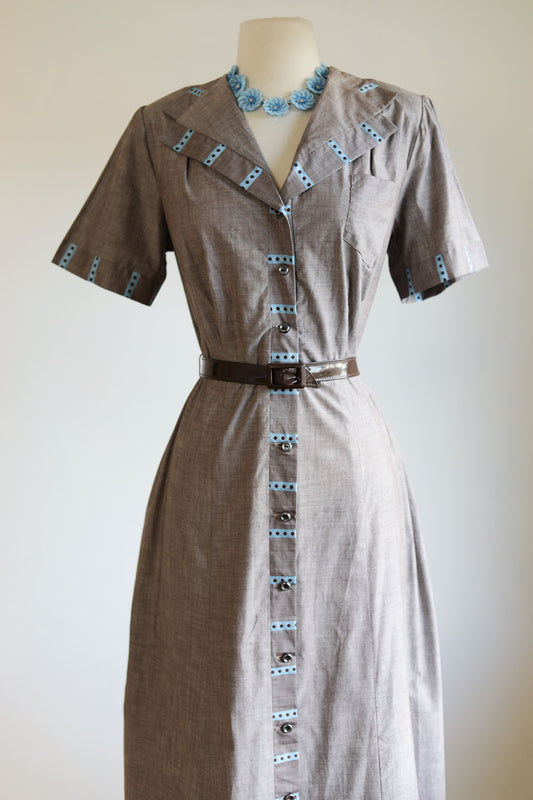 Vintage 1940s Dress - Cocoa Chambray "Better Fit" Coat Dress w Aqua Stripes + Polka Dots Size L