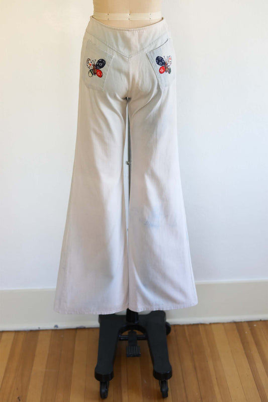 Vintage 1970s Denim Jeans - SUPER CUTE Bleached Light Wash + Patchwork Butterfly Bell Bottom Flare Pants W28"