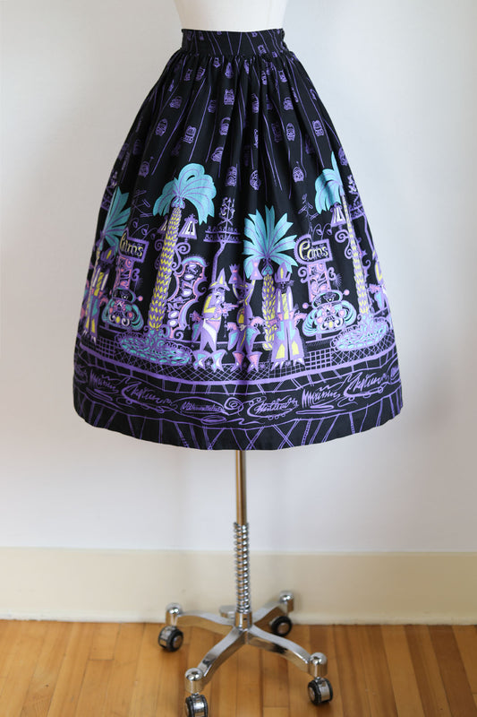 Vintage 1950s Novelty Skirt - Saul Steinberg Tin Horn Holiday Full Skirt Vegas Cowboy Size S to M