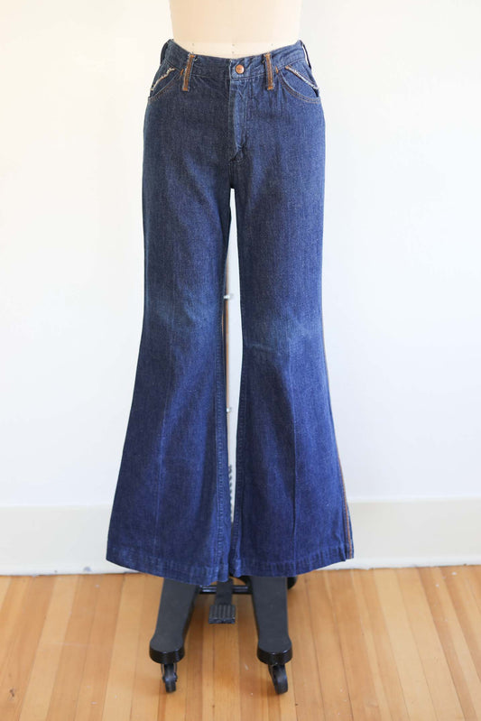 Vintage 1970s Denim Jeans - FRINGE BOOTY! Dark Wash Wide Leg Bell Bottom Flare Pants W28"