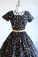 Vintage 1950s Dress - Goody Junior Black w FIERY Floral Print Cotton w Velvet Shirtwaist Size XS to S