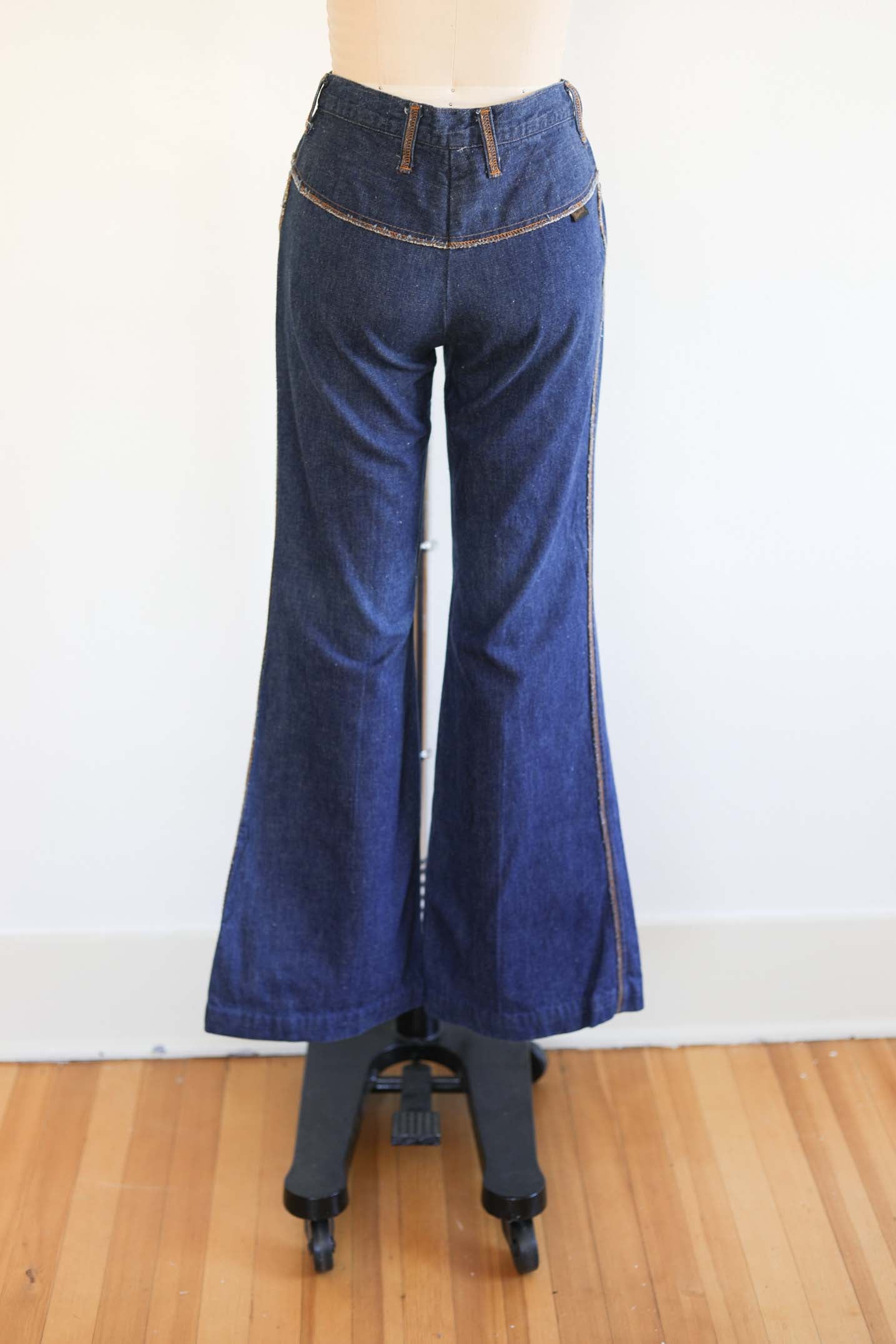 Vintage 1970s Denim Jeans - FRINGE BOOTY! Dark Wash Wide Leg Bell Bottom Flare Pants W28"