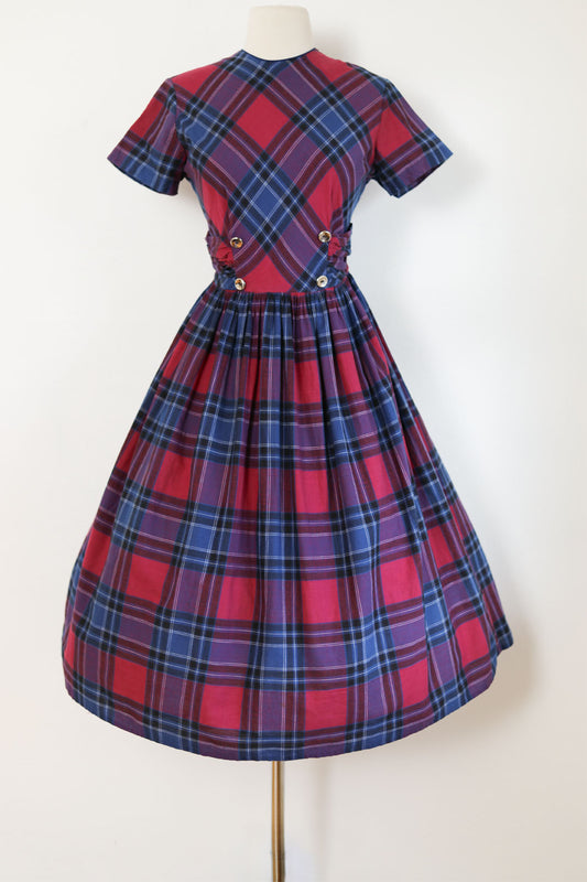 Vintage 1950s Dress - Darling Violet Strawberry + Blue Plaid Cotton Ruched Waist Full Skirt Dress Size M