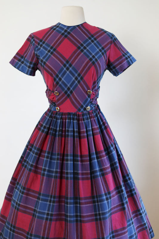 Vintage 1950s Dress - Darling Violet Strawberry + Blue Plaid Cotton Ruched Waist Full Skirt Dress Size M