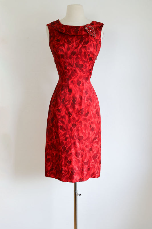 Vintage 1950s to 1960s Dress - Scorching Hot Red Wiggle Doris Dodson Designer Cocktail w Rear Tails Size S
