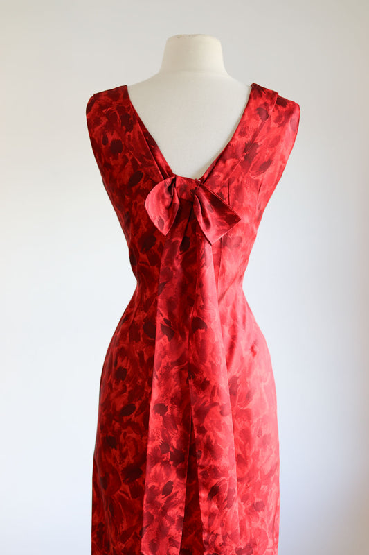 Vintage 1950s to 1960s Dress - Scorching Hot Red Wiggle Doris Dodson Designer Cocktail w Rear Tails Size S
