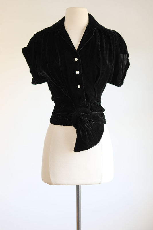 Vintage 1940s Velvet Blouse - Black Ruched + Wrap Top w Rhinestones + Dramatic Belted Buckle Size S to M