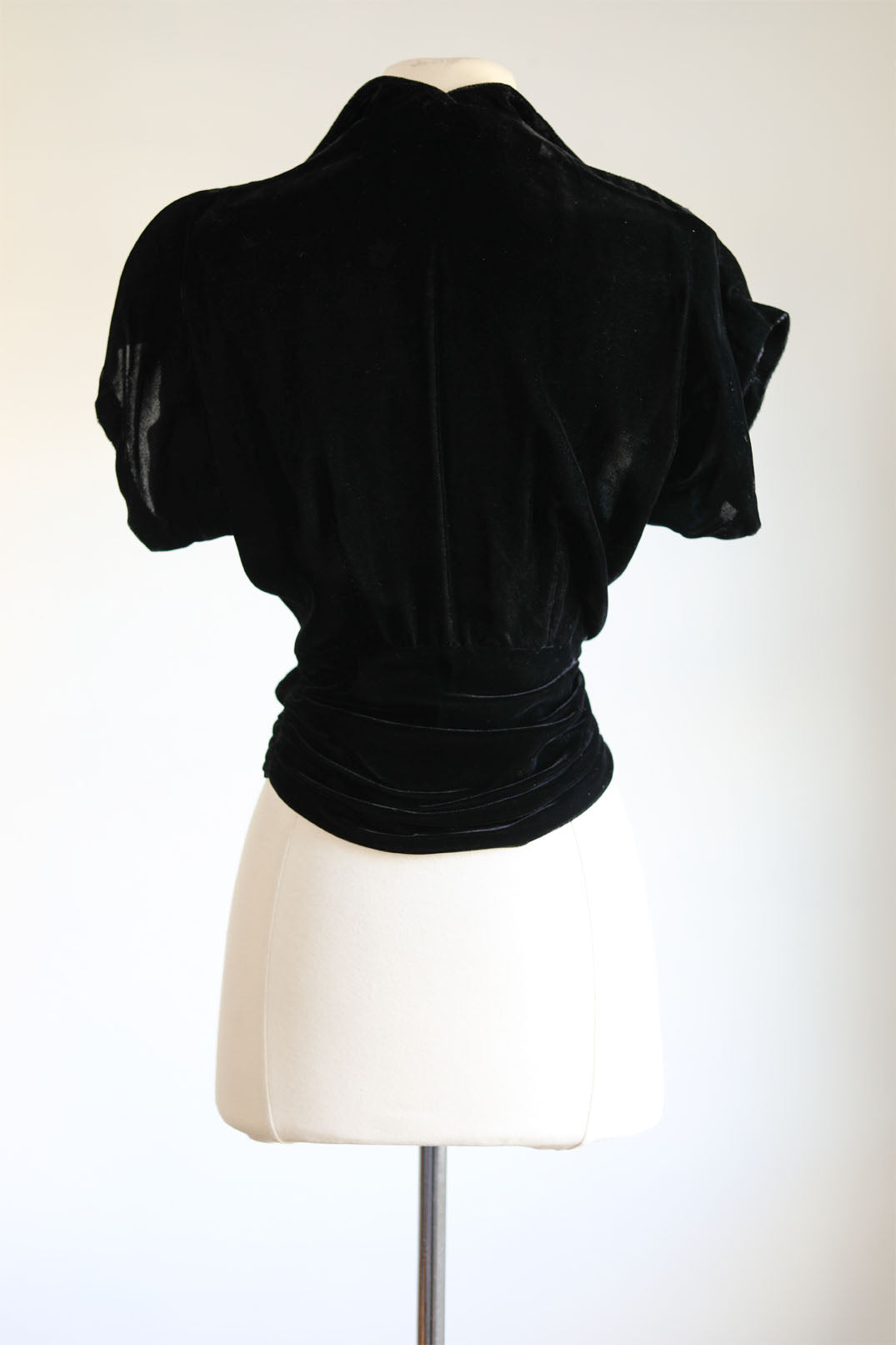 Vintage 1940s Velvet Blouse - Black Ruched + Wrap Top w Rhinestones + Dramatic Belted Buckle Size S to M