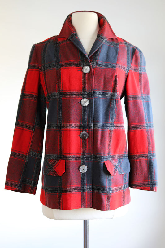 Vintage 1950s Pendleton Plaid Sporty Jacket - Scarlet + Grey + Black Wool Chore Coat Size S to M