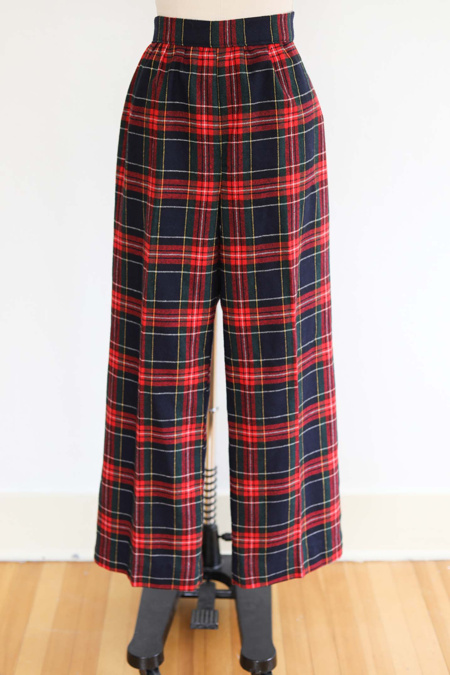 Vintage Wool Slacks - VOLUP Red + Navy Tartan Plaid w Side Metal Zipper Wide Leg Pants Size L - XL W36"