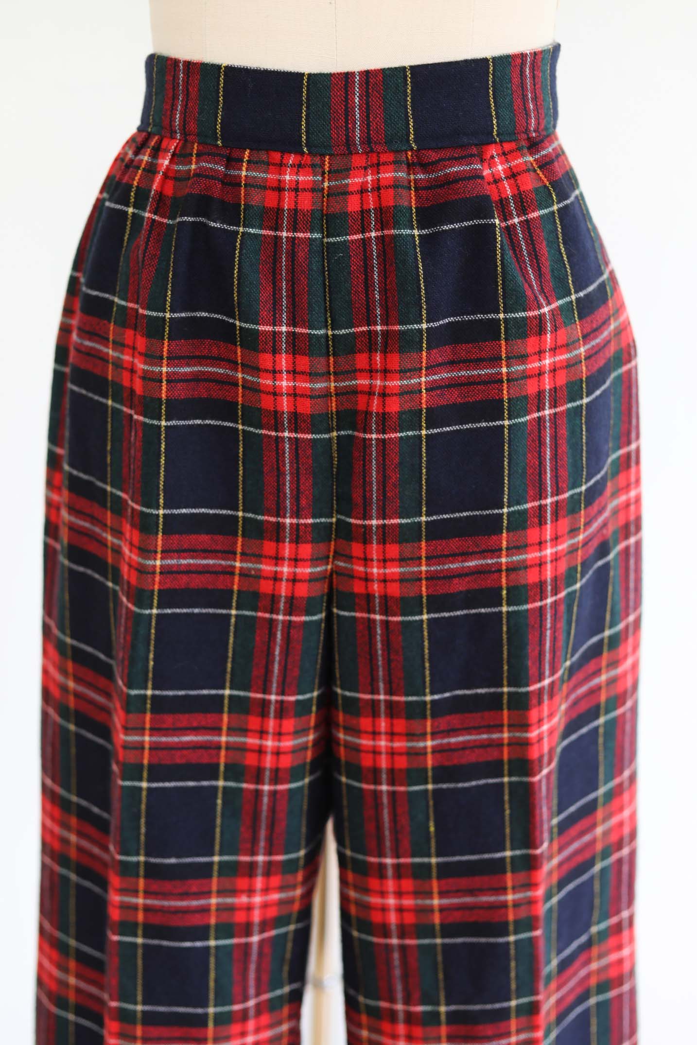 Vintage Wool Slacks - VOLUP Red + Navy Tartan Plaid w Side Metal Zipper Wide Leg Pants Size L - XL W36"