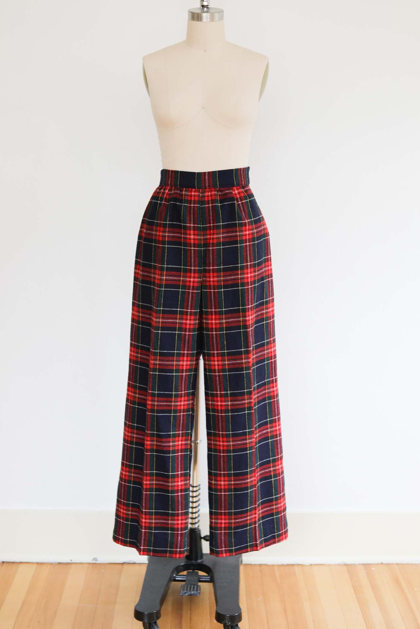 Vintage Wool Slacks - VOLUP Red + Navy Tartan Plaid w Side Metal Zipper Wide Leg Pants Size L - XL W36"