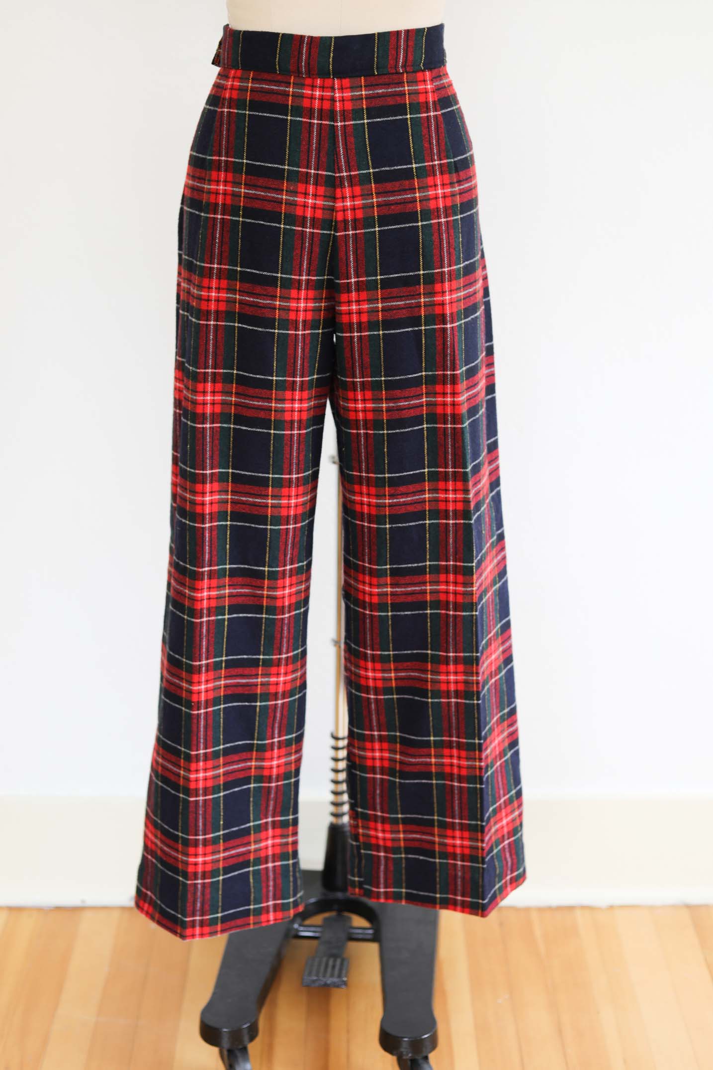 Vintage Wool Slacks - VOLUP Red + Navy Tartan Plaid w Side Metal Zipper Wide Leg Pants Size L - XL W36"