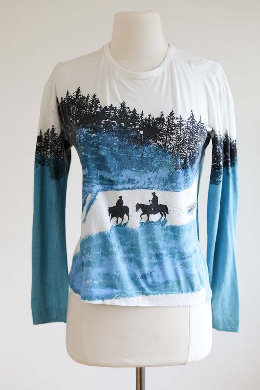 Vintage 1970s Picture T-Shirt - FADED GLORY Jeans All-Cotton Single-Stitch Blue/White Top w Cowboys & Horses Size XS - M