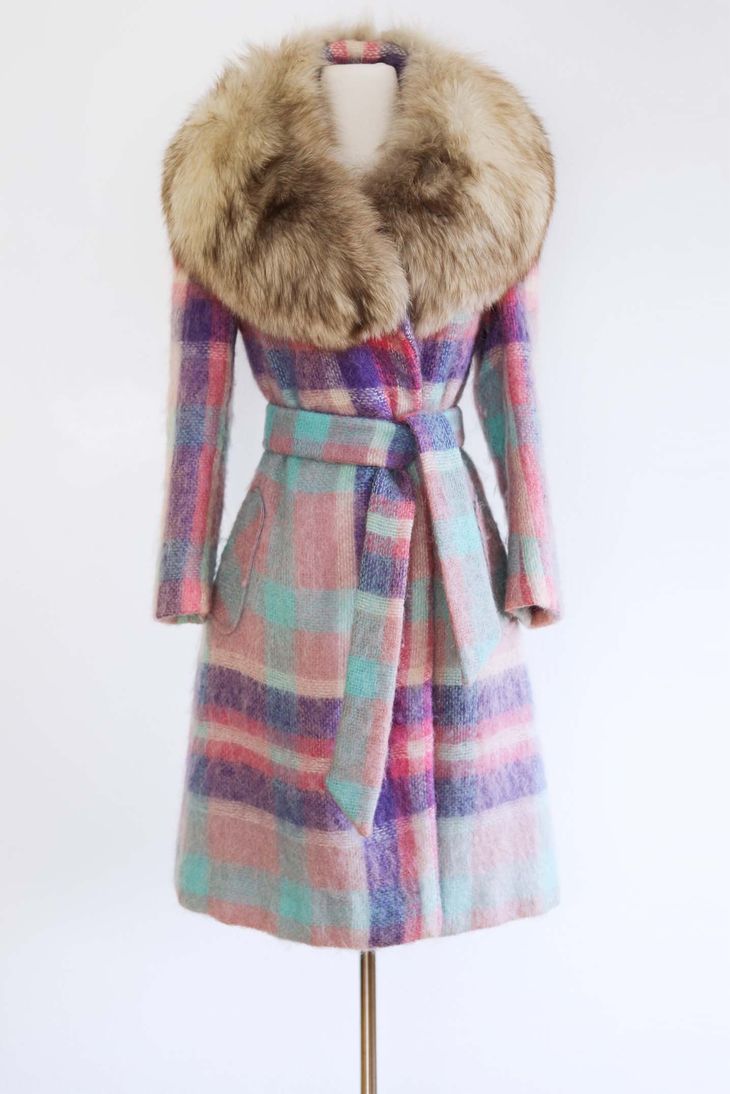 Vintage 1960s to 1970s BEST EVER Mohair Coat - EXCEPTIONAL Icy Pastel Plaid Wool + Arctic Fox Collar & Self Belt Size XS to M