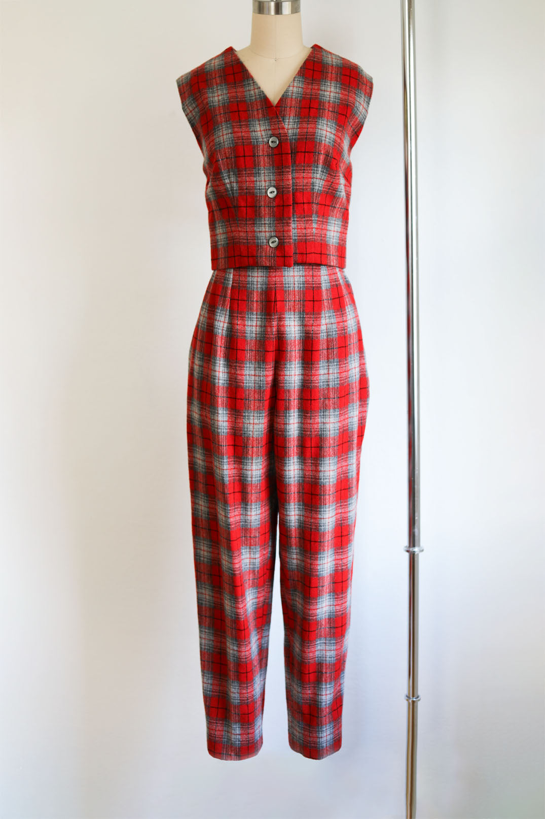 Vintage 1950s to 1960s Plaid Pant Suit - Red Wool Vest Waistcoat Top + Cigarette Pants Size S - M