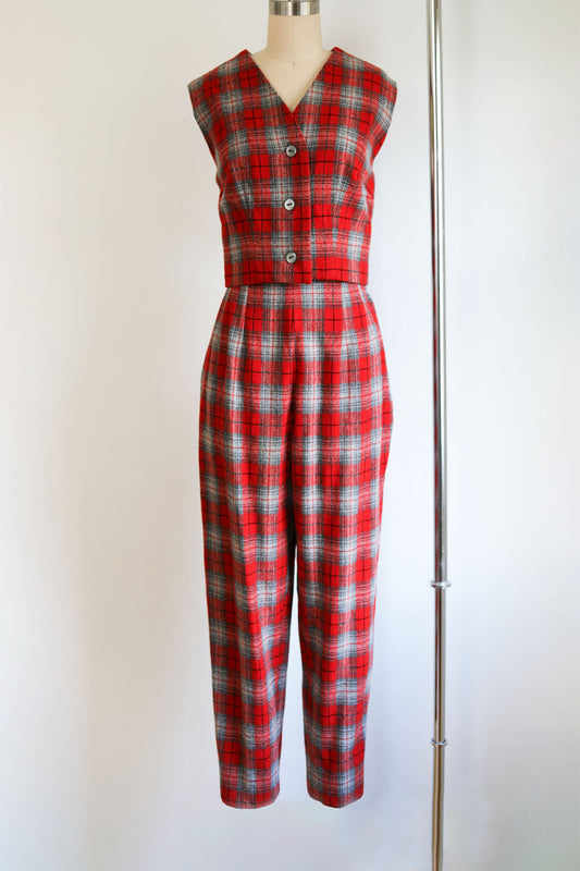 Vintage 1950s to 1960s Plaid Pant Suit - Red Wool Vest Waistcoat Top + Cigarette Pants Size S - M