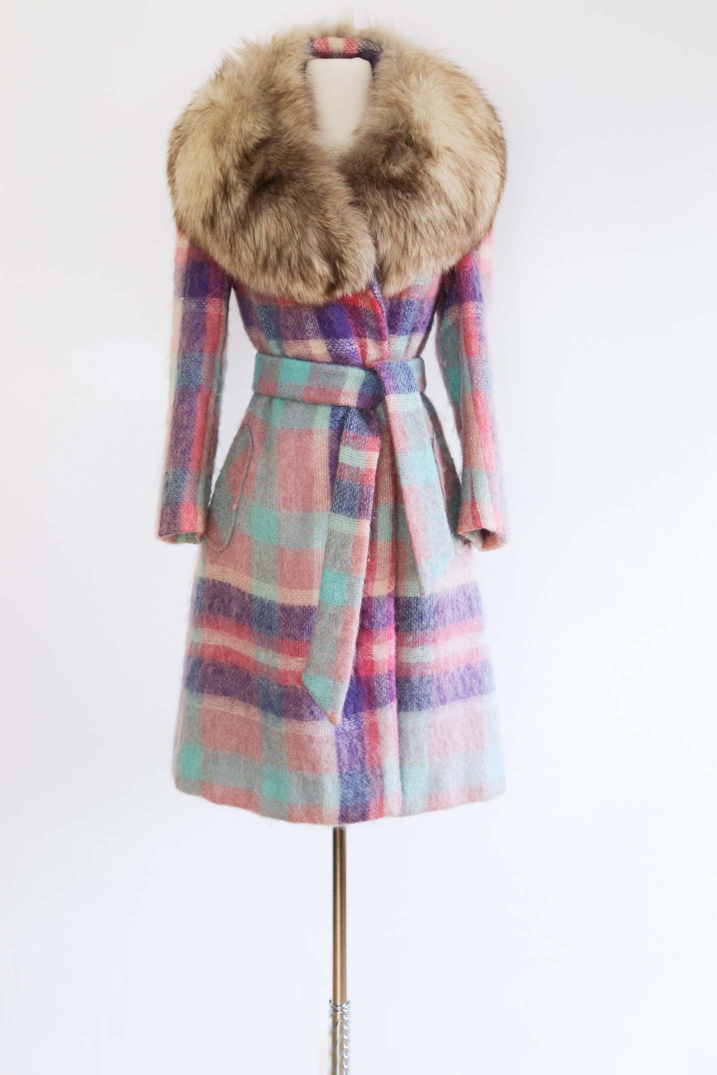 Vintage 1960s to 1970s BEST EVER Mohair Coat - EXCEPTIONAL Icy Pastel Plaid Wool + Arctic Fox Collar & Self Belt Size XS to M