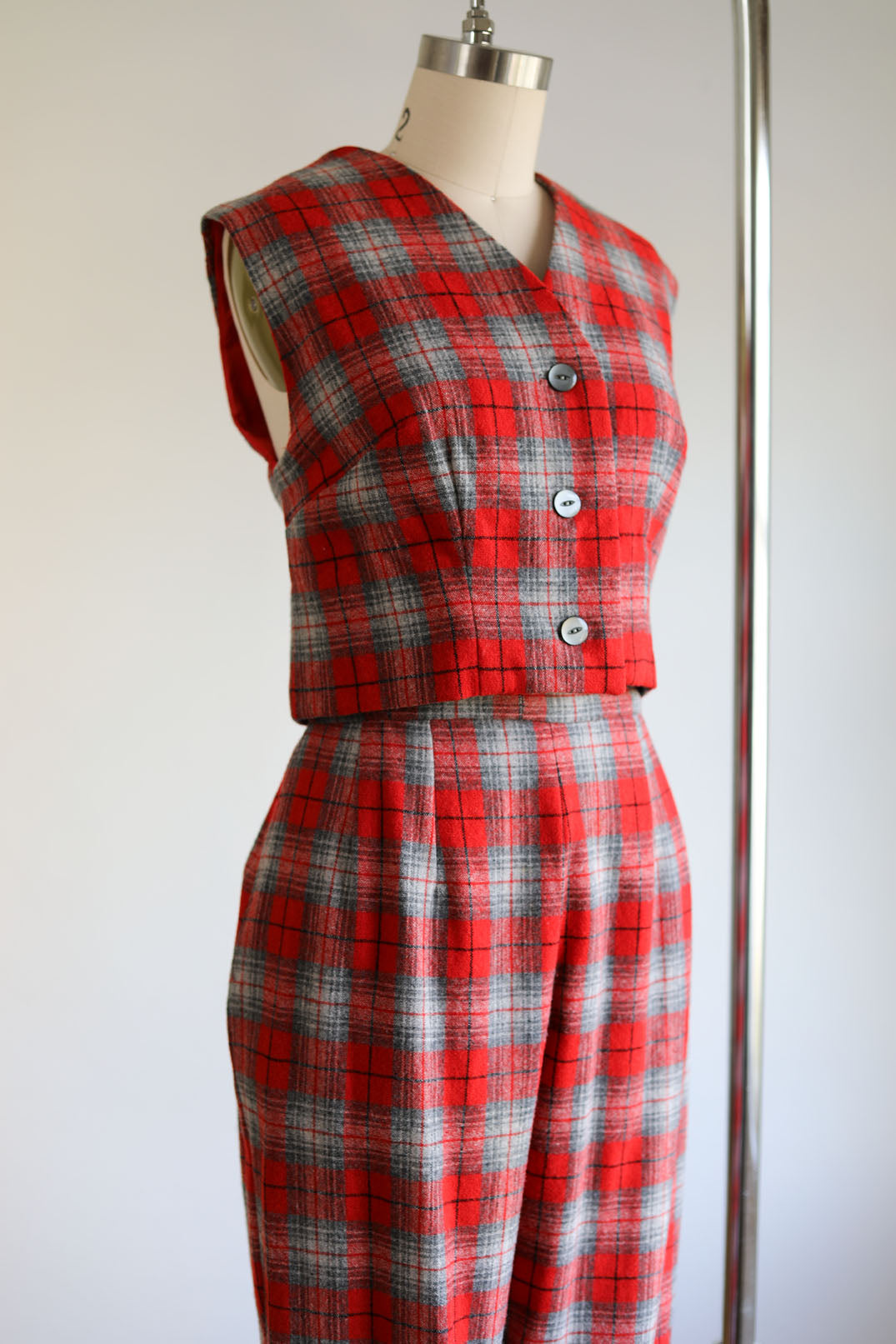 Vintage 1950s to 1960s Plaid Pant Suit - Red Wool Vest Waistcoat Top + Cigarette Pants Size S - M