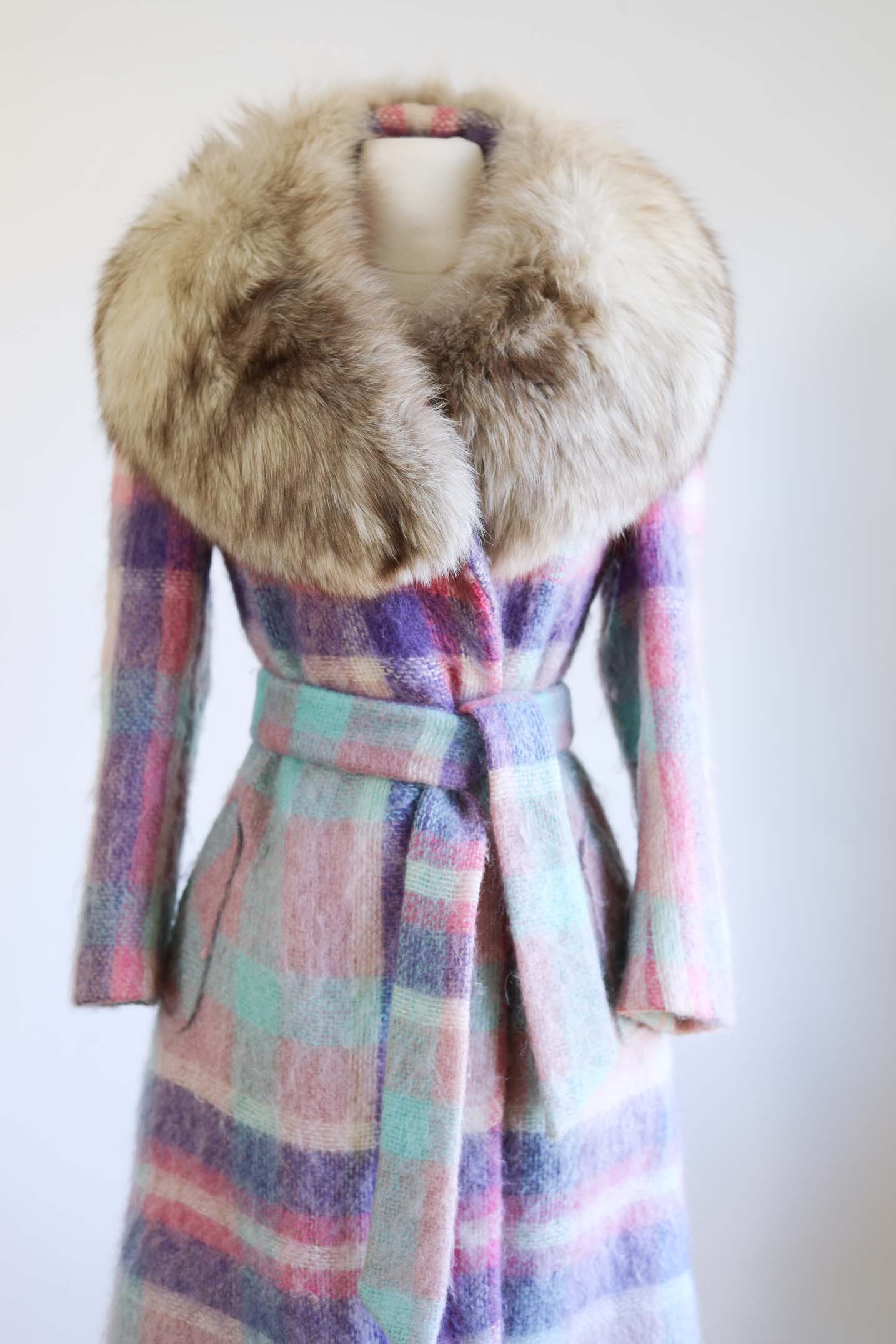 Vintage 1960s to 1970s BEST EVER Mohair Coat - EXCEPTIONAL Icy Pastel Plaid Wool + Arctic Fox Collar & Self Belt Size XS to M