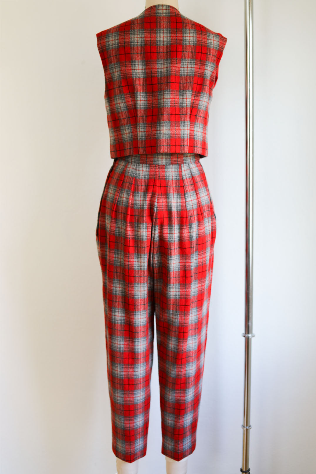 Vintage 1950s to 1960s Plaid Pant Suit - Red Wool Vest Waistcoat Top + Cigarette Pants Size S - M