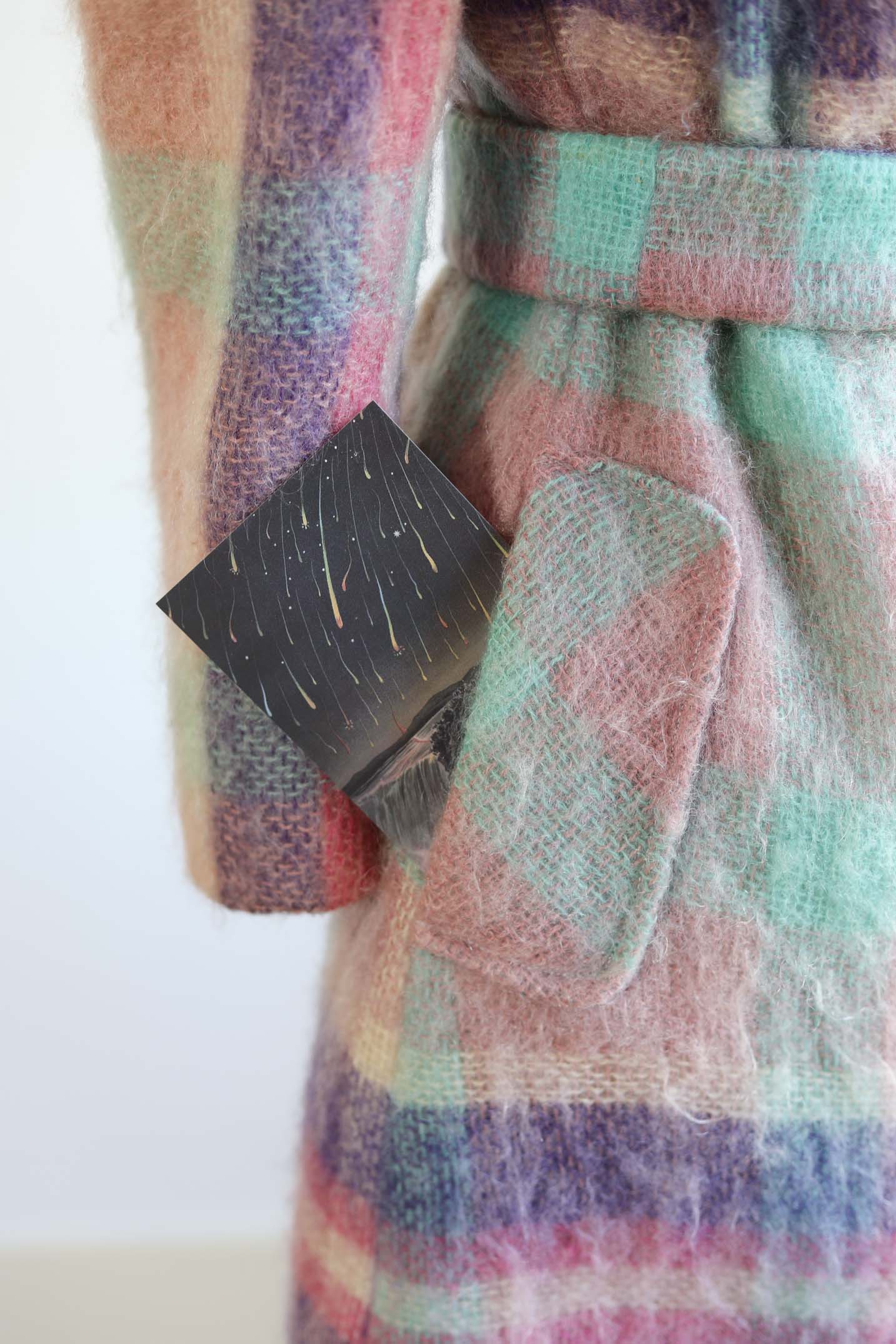 Vintage 1960s to 1970s BEST EVER Mohair Coat - EXCEPTIONAL Icy Pastel Plaid Wool + Arctic Fox Collar & Self Belt Size XS to M