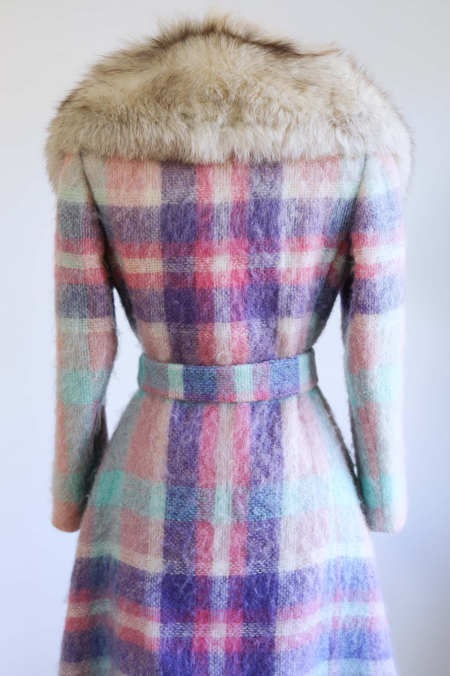 Vintage 1960s to 1970s BEST EVER Mohair Coat - EXCEPTIONAL Icy Pastel Plaid Wool + Arctic Fox Collar & Self Belt Size XS to M