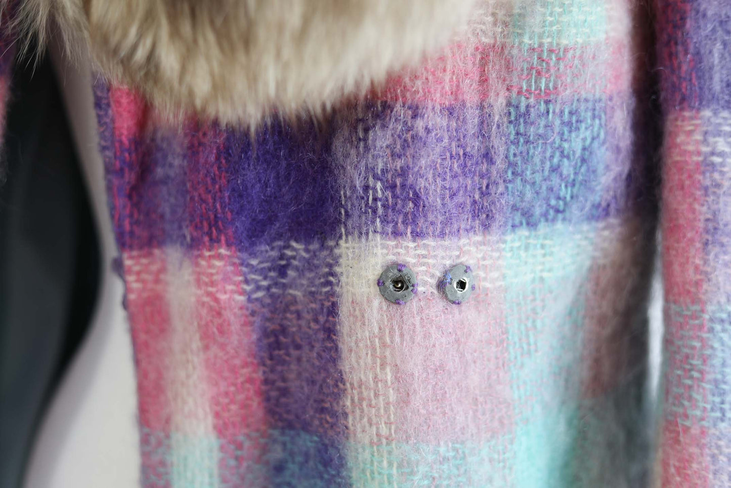 Vintage 1960s to 1970s BEST EVER Mohair Coat - EXCEPTIONAL Icy Pastel Plaid Wool + Arctic Fox Collar & Self Belt Size XS to M