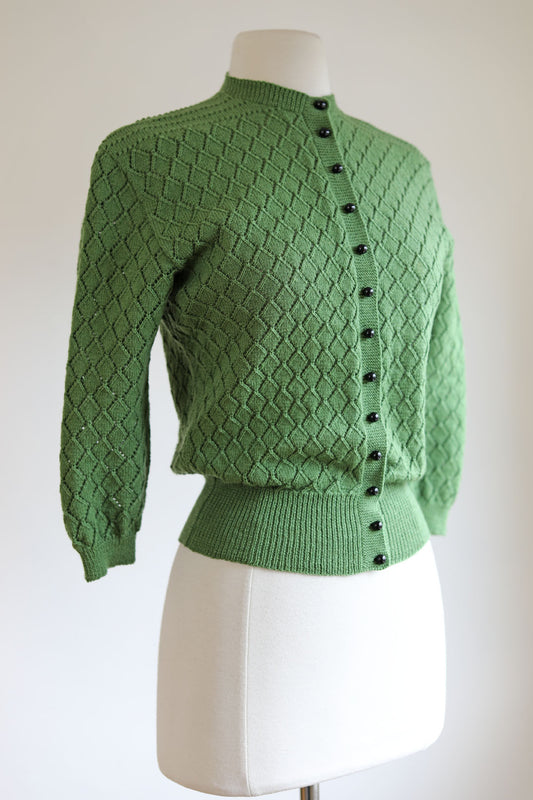 Vintage 1940s to 1950s Olive Green Sweater - Hand-Knit Wool w Black Bakelite Buttons Wasp Waist RARE Size S - M