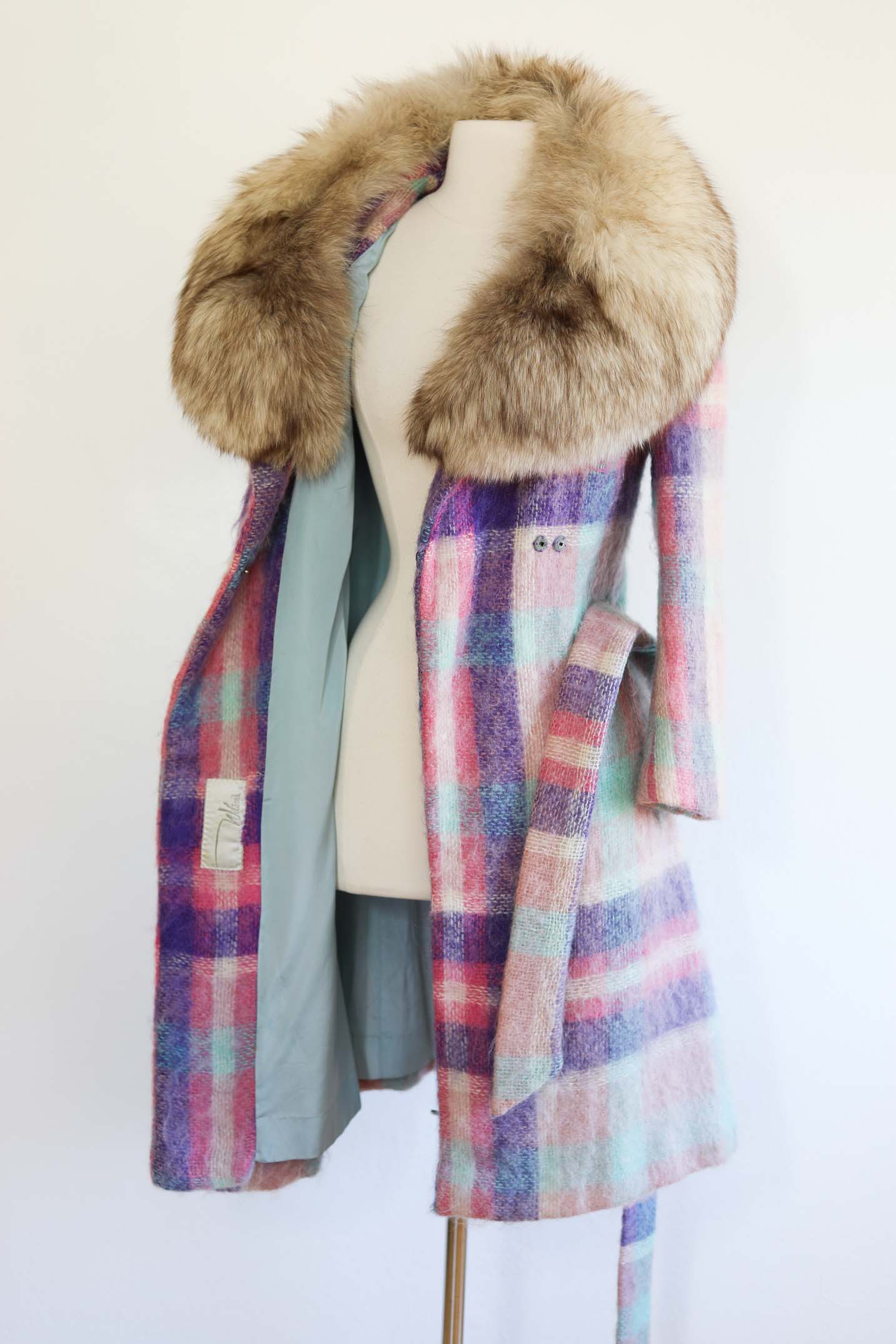 Vintage 1960s to 1970s BEST EVER Mohair Coat - EXCEPTIONAL Icy Pastel Plaid Wool + Arctic Fox Collar & Self Belt Size XS to M