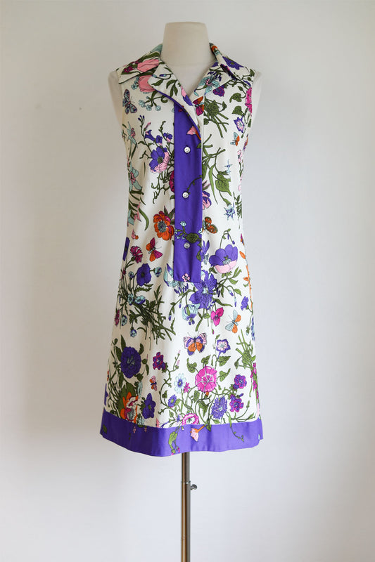 Vintage 1960s to 1970s Dress - Gorgeous Designer Jersey Knit Italian Style Border Print Floral w Insects Size XS to S