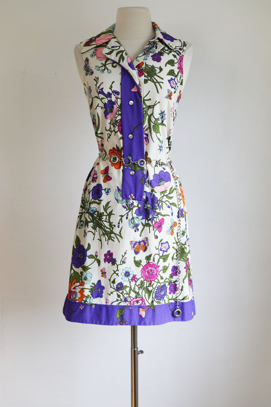 Vintage 1960s to 1970s Dress - Gorgeous Designer Jersey Knit Italian Style Border Print Floral w Insects Size XS to S