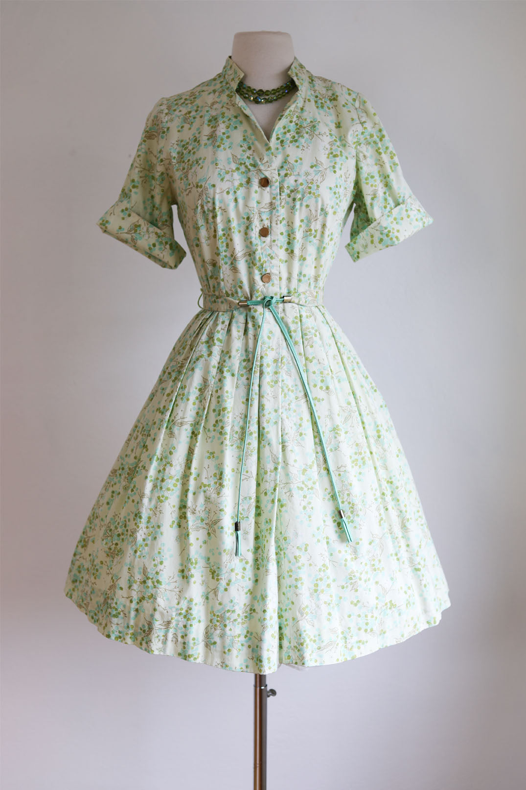 Vintage 1950s to 1960s Dress - Cream Aqua Olive Floral + Berry Print Cotton Shirtwaist w Amazing Vinyl Belt Size M