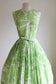 Vintage 1950s to 1960s Dress - Tropical Palm Leaves + Plants Lime + White Belted Sundress Size M