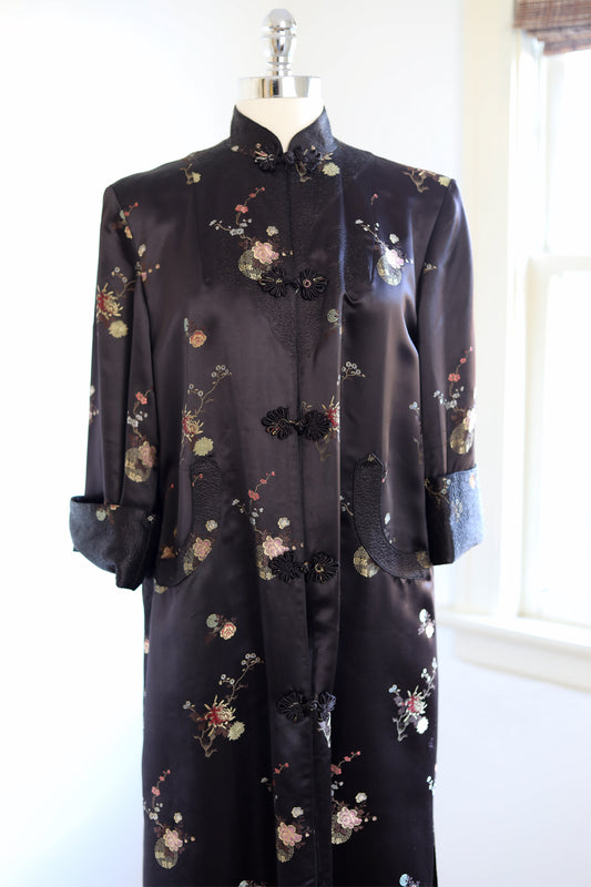 Vintage 1950s Black Silky Satin Chinese Brocade Coat - Stunning Loungewear or Evening Coat w Soft Pastels Size XS to M