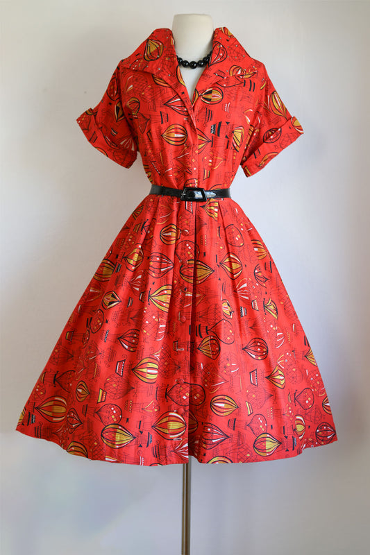 Vintage 1950s Dress - RARE Associated America Artists Laura Jean Allen "Up and Away" Novelty Hot Air Balloon Print Size L to XL